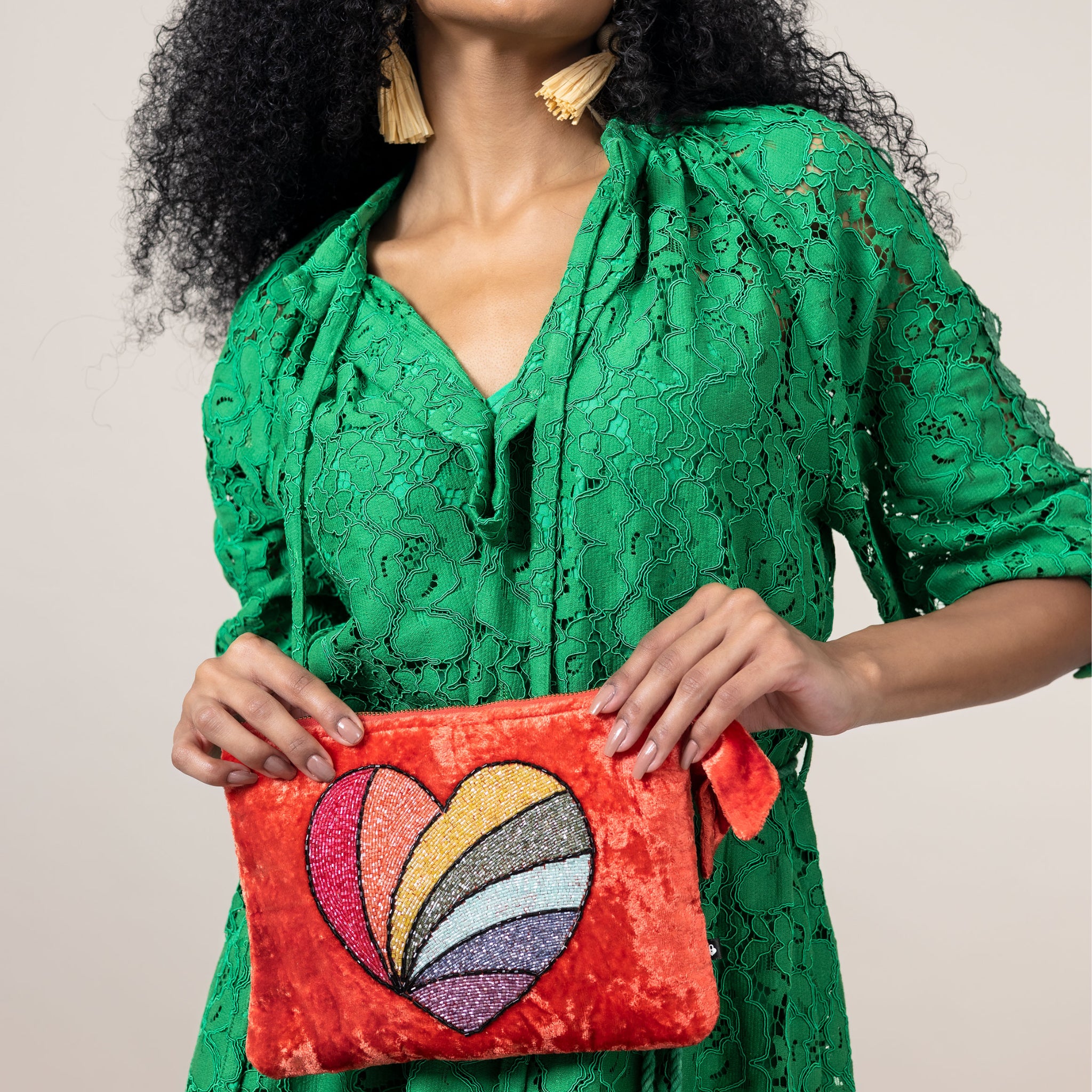 Heart Embroidered Pochette - Orange