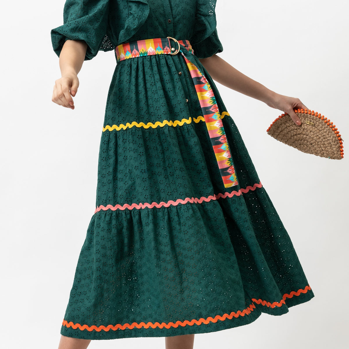 Cotton Broderie Anglaise Dress - Forest Green  EMILY LOVELOCK