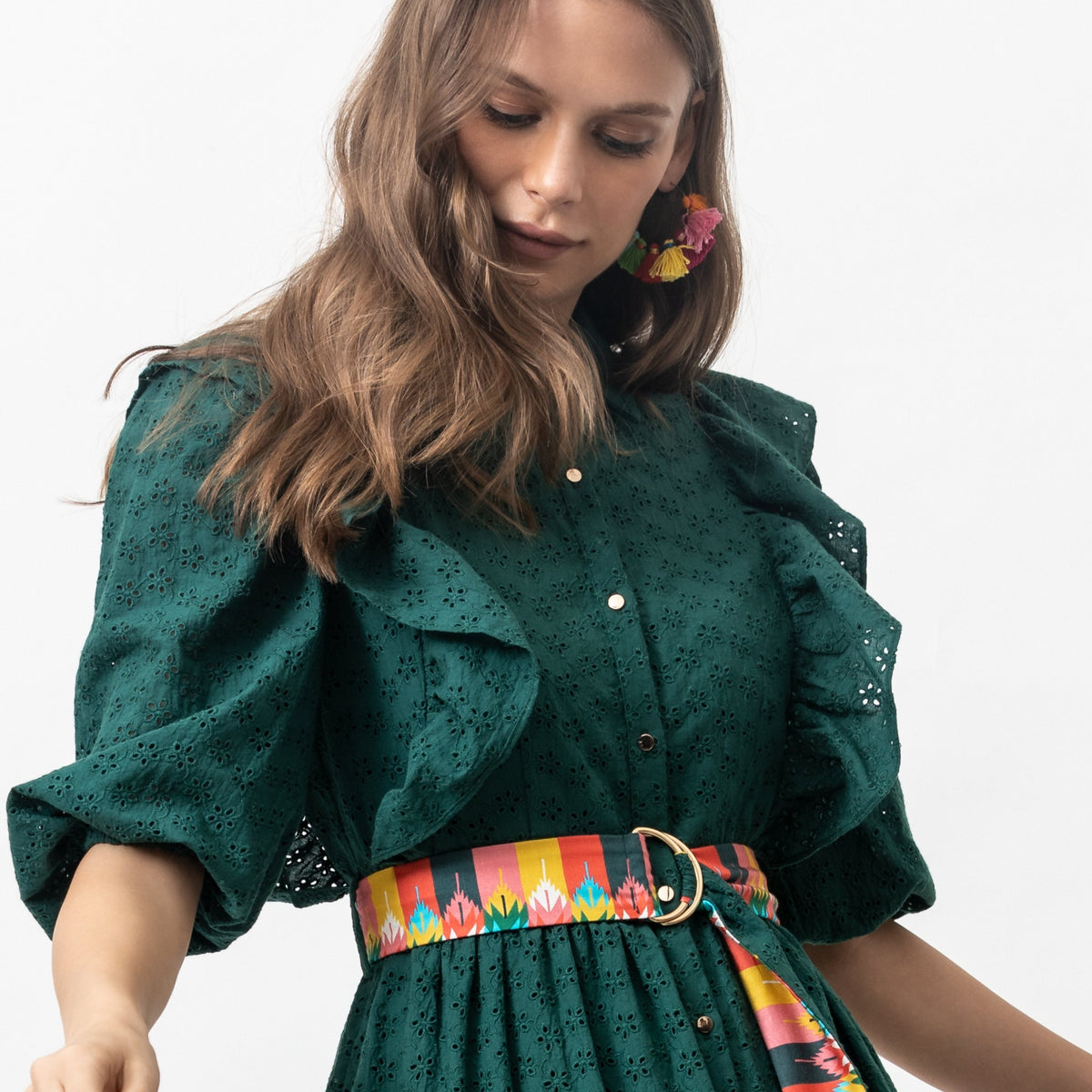 Cotton Broderie Anglaise Dress - Forest Green - EMILY LOVELOCK