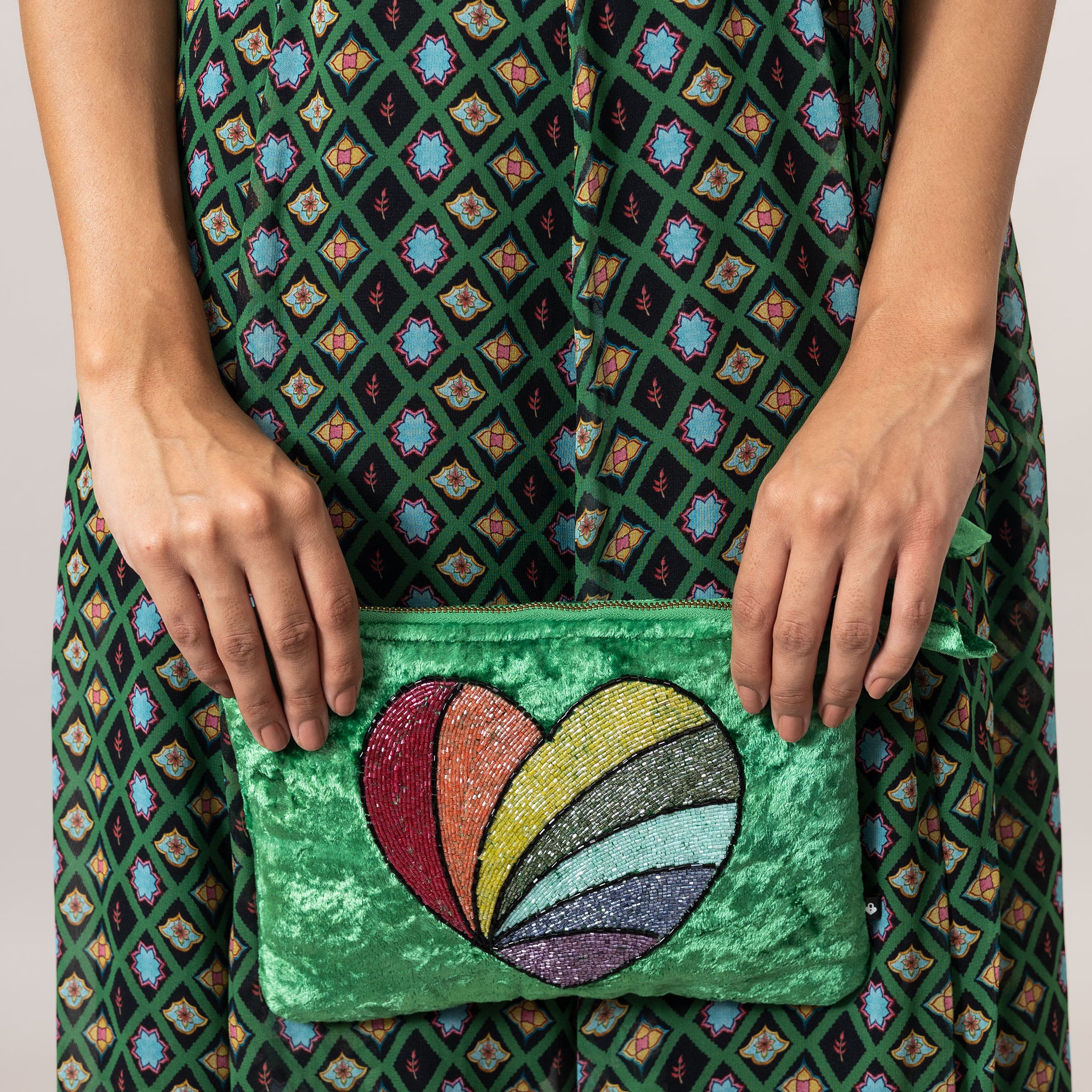 Heart Embroidered  Pochette - Green