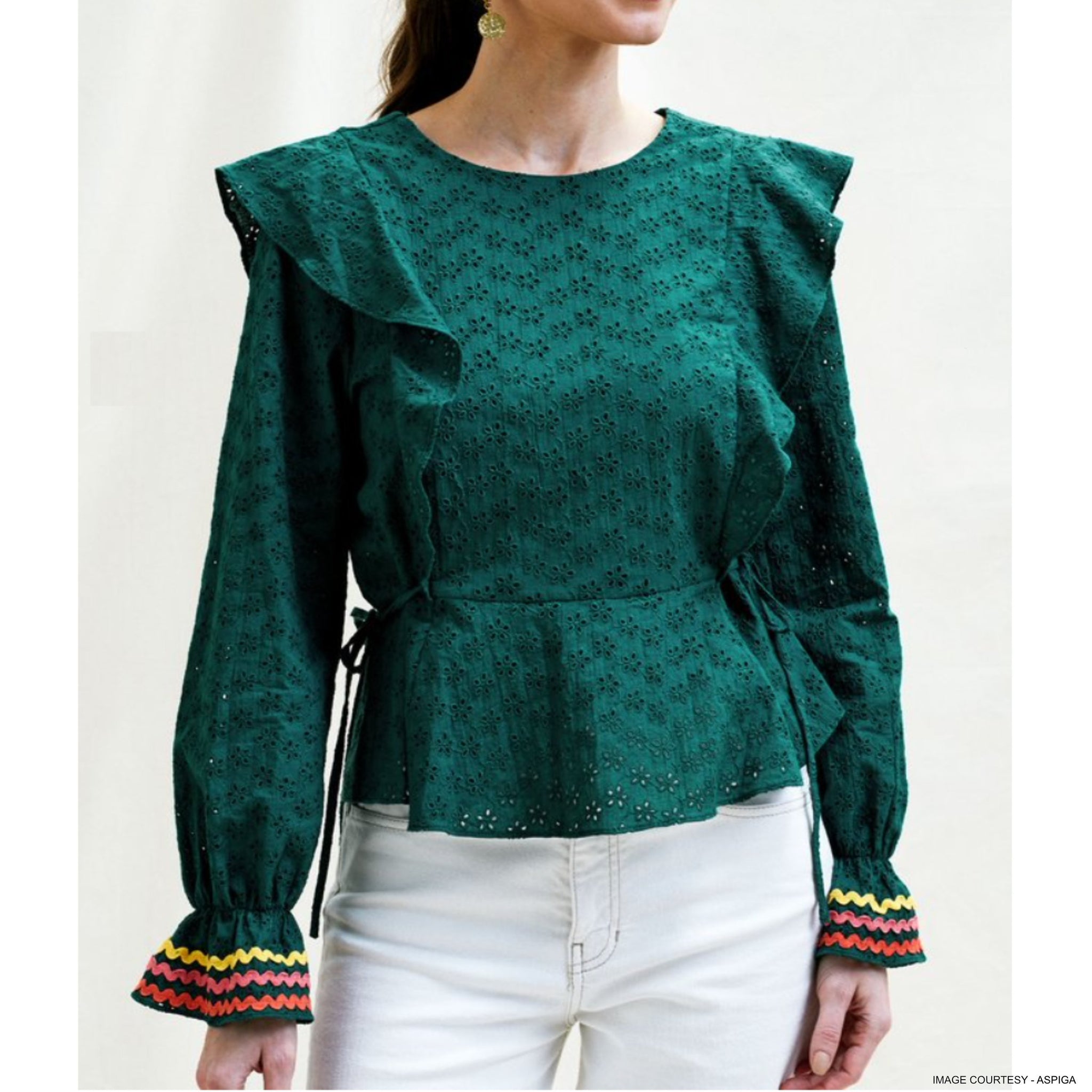 Broderie Anglaise Sleeve Top Dark Green