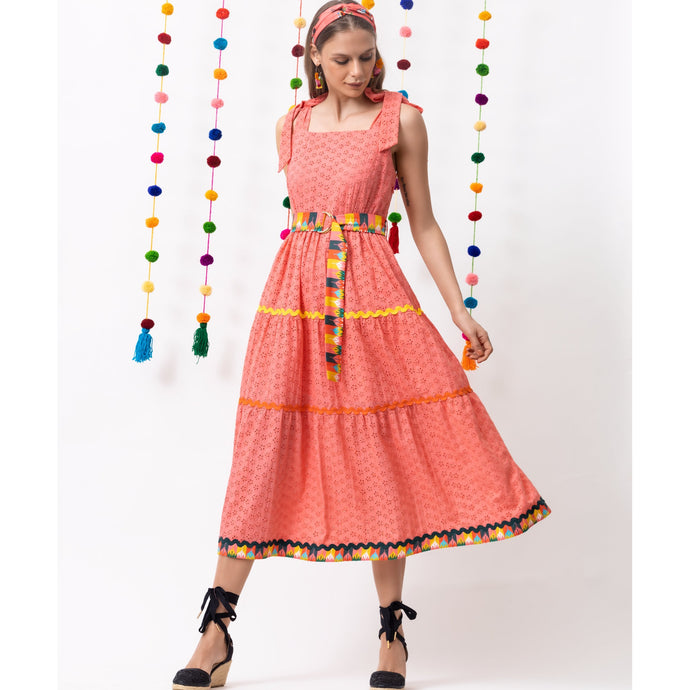 Broderie Anglaise Midi Dress- Pink - EMILY LOVELOCK