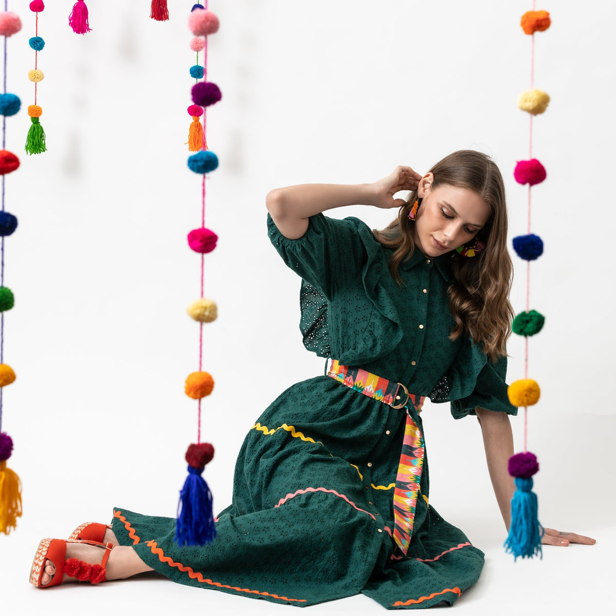 Cotton Broderie Anglaise Dress - Forest Green - EMILY LOVELOCK