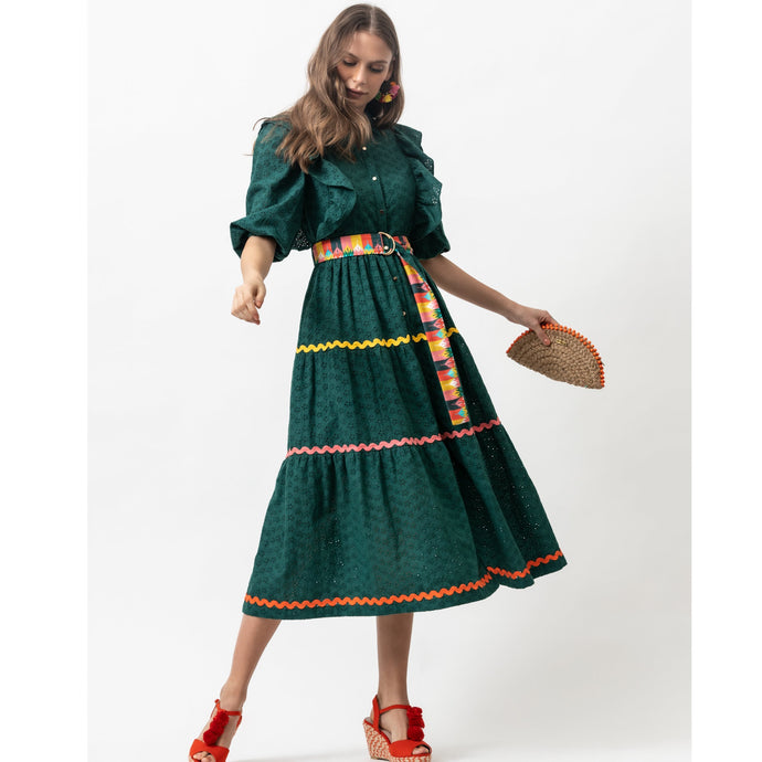 Cotton Broderie Anglaise Dress - Forest Green - EMILY LOVELOCK