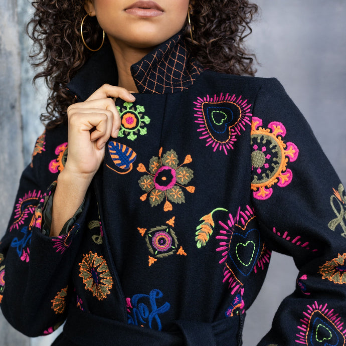 Deborah Coat - Black Embroidered - EMILY LOVELOCK