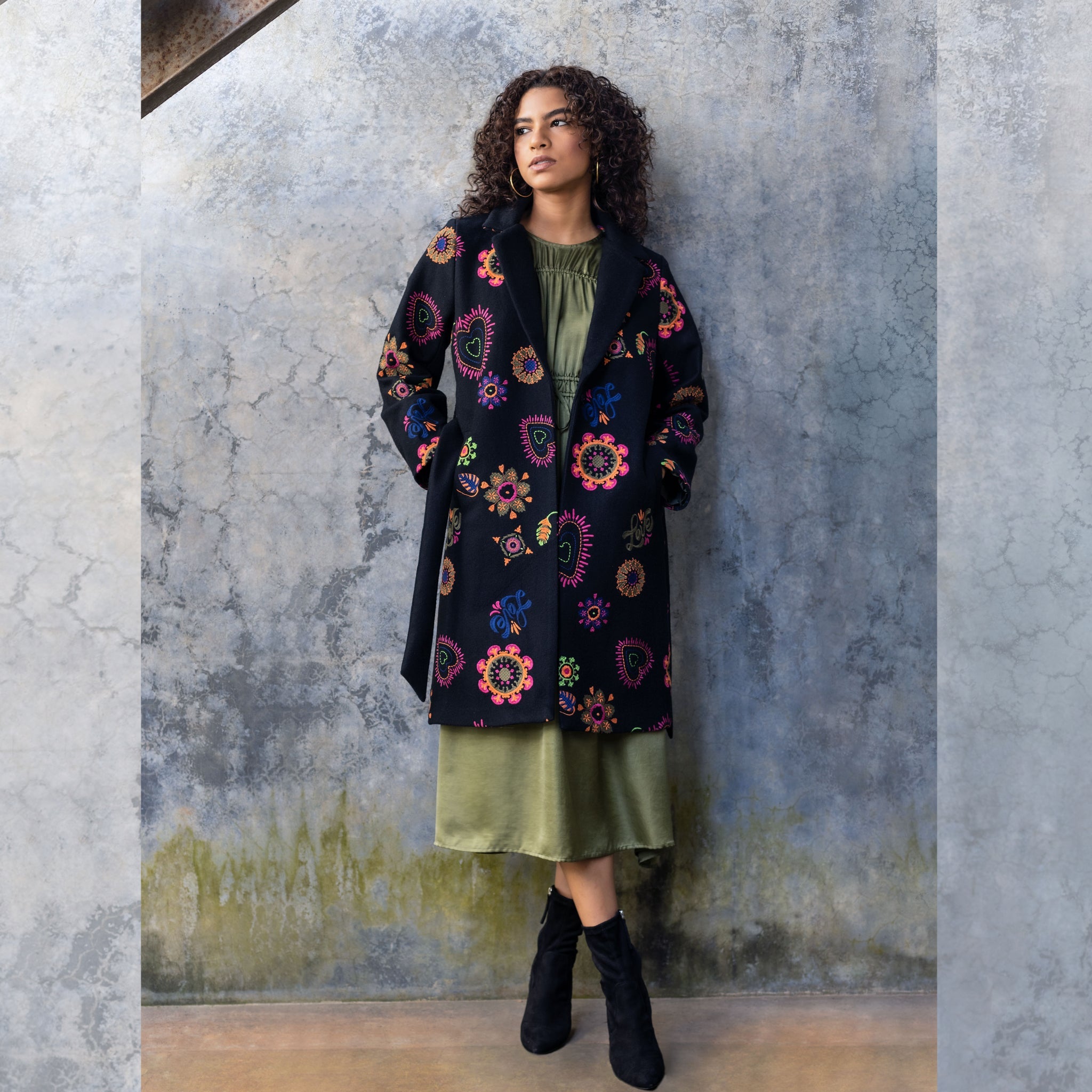 Deborah Coat - Black Embroidered - EMILY LOVELOCK