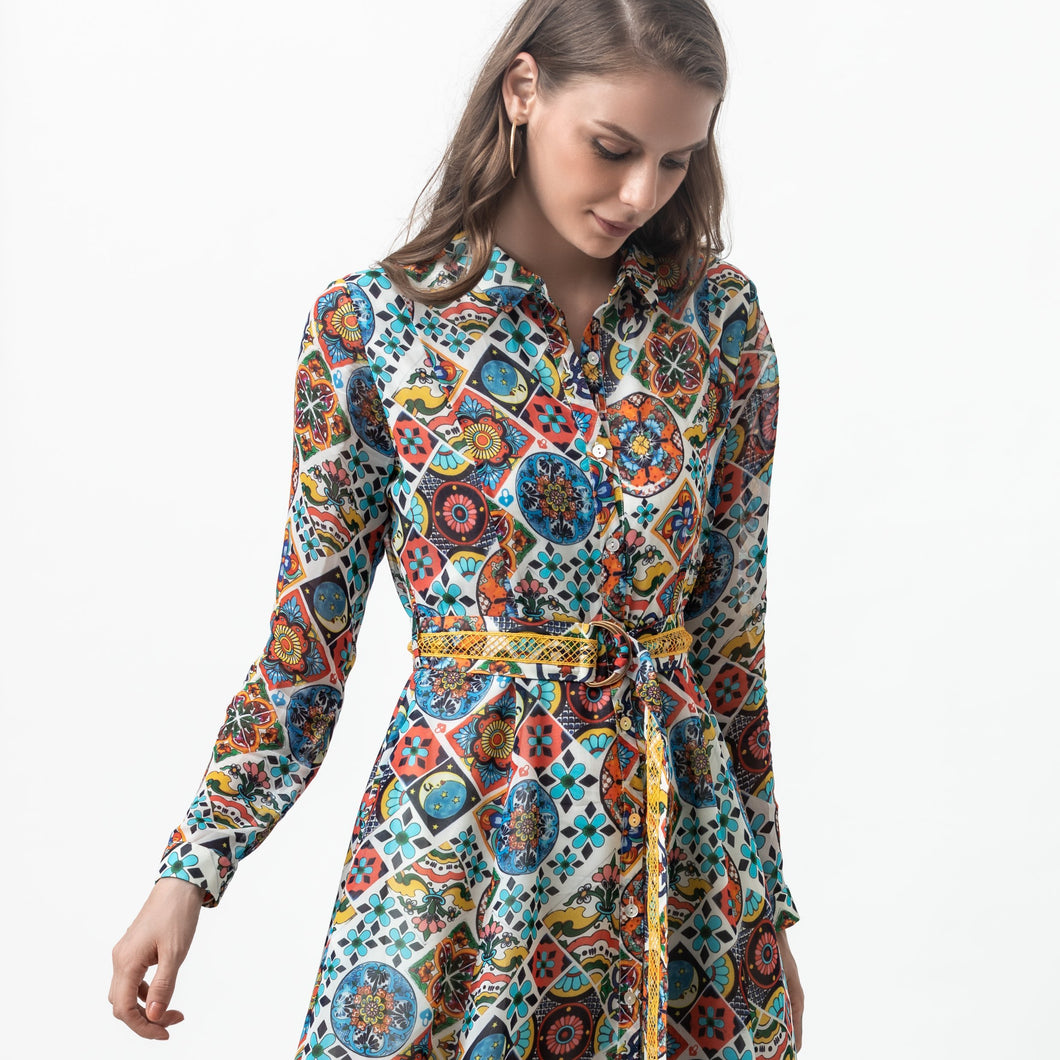 Mosaic Tile Print Shirt Dress - EMILY LOVELOCK